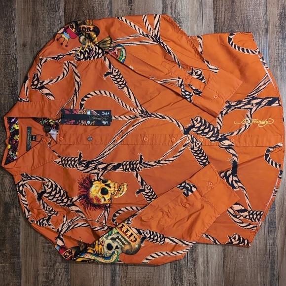 *NWT* Y2K Ed Hardy Punk Skulls & Rope Long Sleeve Button Down Size XXL Orange - Picture 1 of 14